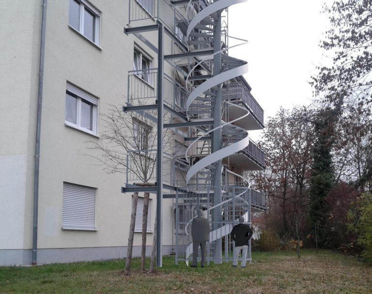 Fotomontage einer Spindeltreppe vor einem mehrstöckigen Wohnhaus