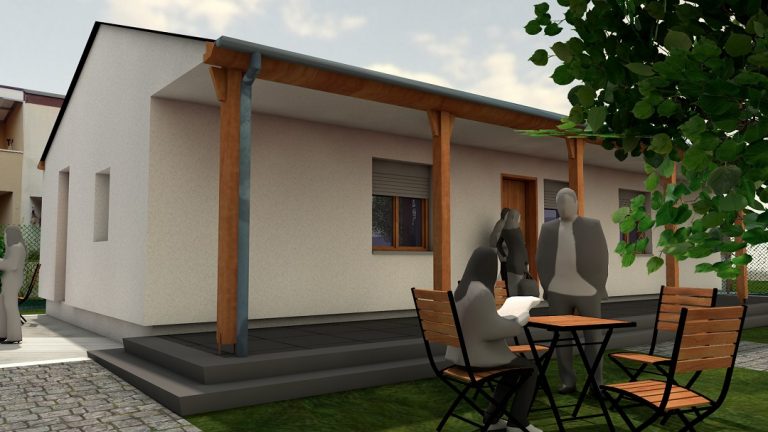 3D-Animation einer Außenansicht eines einstöckigen Gebäudes